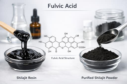 Chemical structure of Fulvic Acid and Shilajit powder comparison
