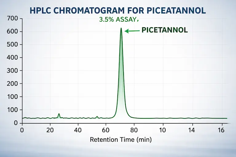 HPLC Chromatogram for Piceatannol 3.5% Assay.Exbiol’s internal lab validation ensures batch-to-batch stilbenoid consistency
