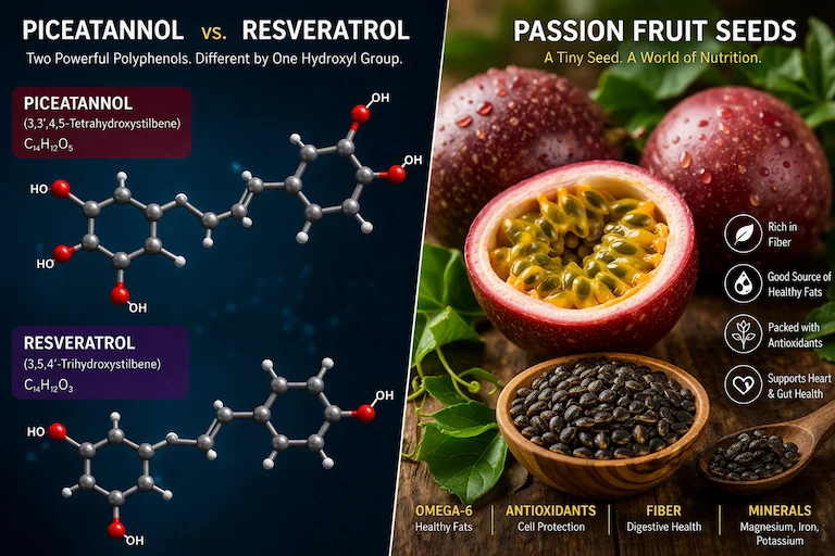 Piceatannol vs Resveratrol Molecular Structure and Passion Fruit Seed Extract Powder.