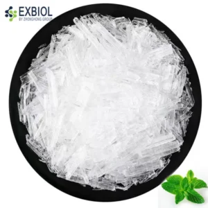 Bulk Natural L-Menthol needle crystals 99.5% purity in industrial 25kg fiber drum, Exbiol factory batch production.