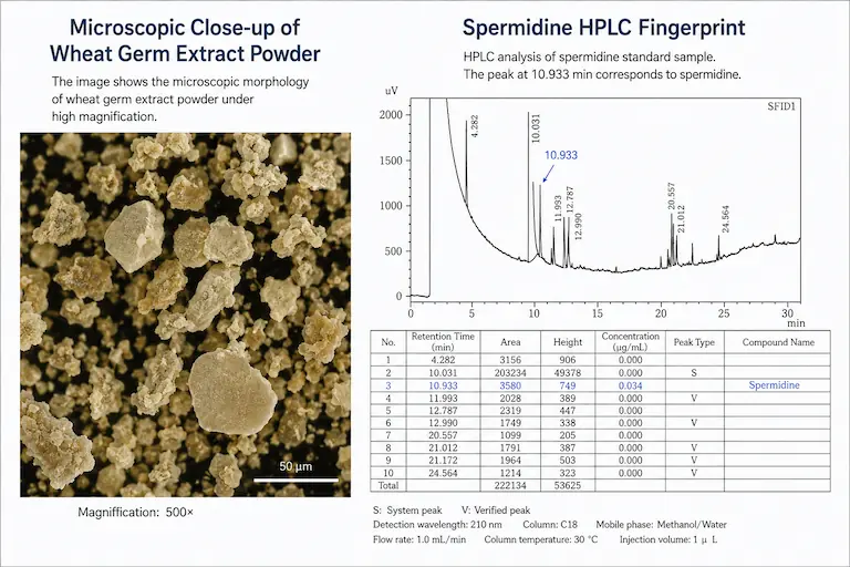 Bulk Spermidine Wheat Germ Extract HPLC Fingerprinting & SEM Analysis