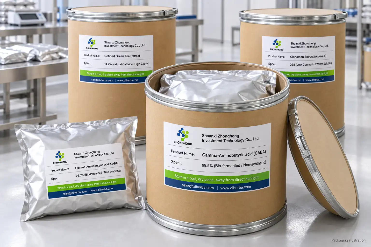 Illustration of bulk ingredient fiber drums and sealed aluminum inner packaging