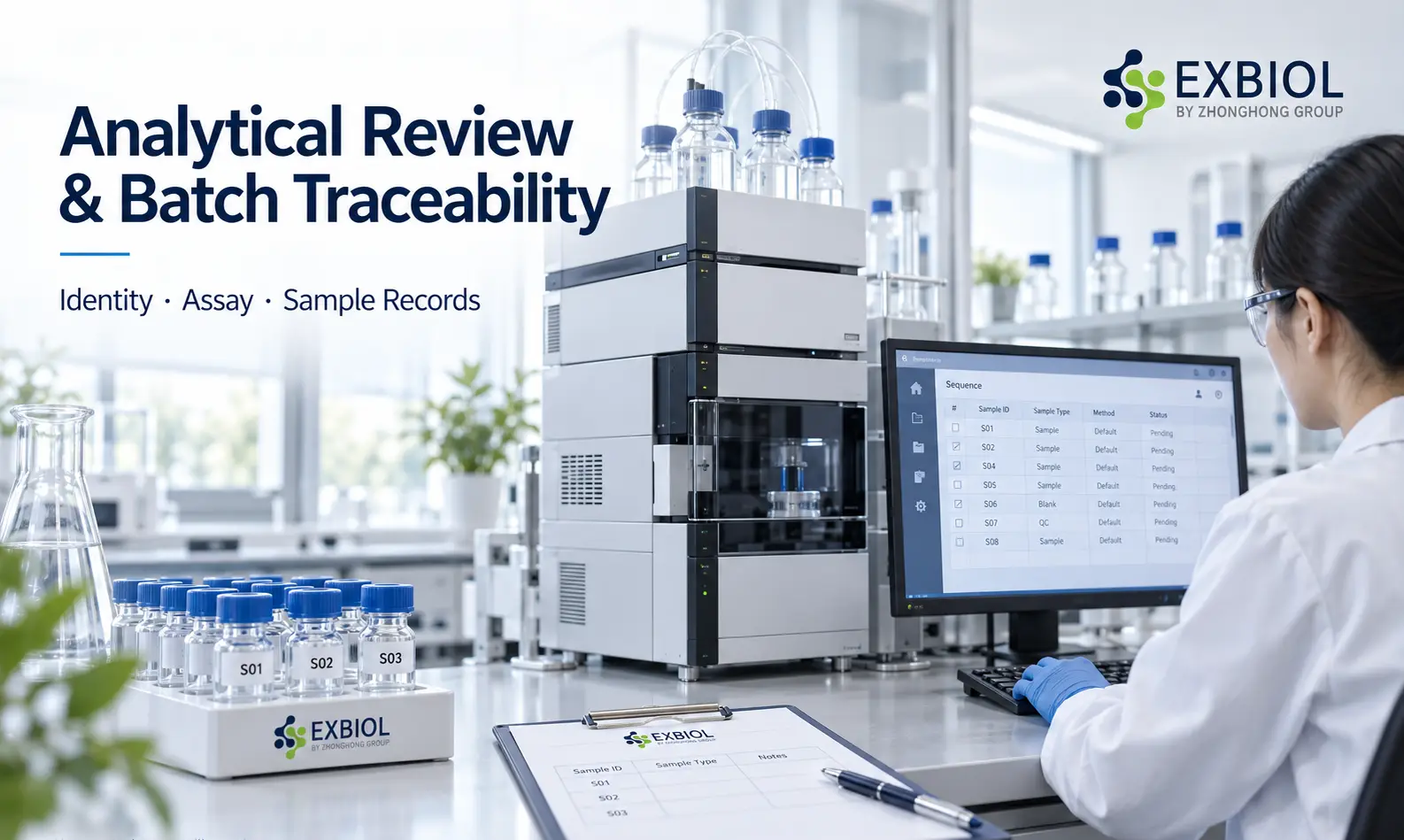 AI-generated concept illustration of HPLC analysis, numbered sample vials and sample records.