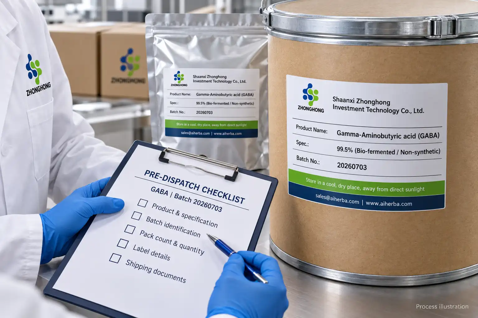 Illustration of a worker comparing ingredient package labels with a pre-dispatch checklist