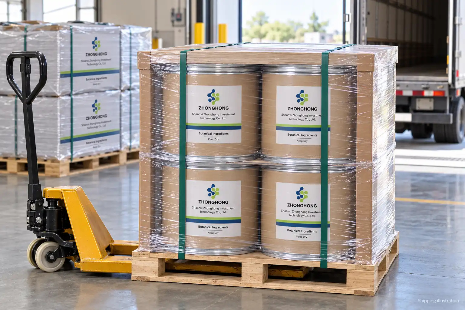 Illustration of wrapped and strapped ingredient drums on a pallet ready for carrier handover