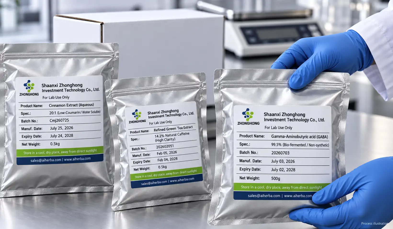 Illustration of labeled ingredient sample pouches prepared for R&D evaluation